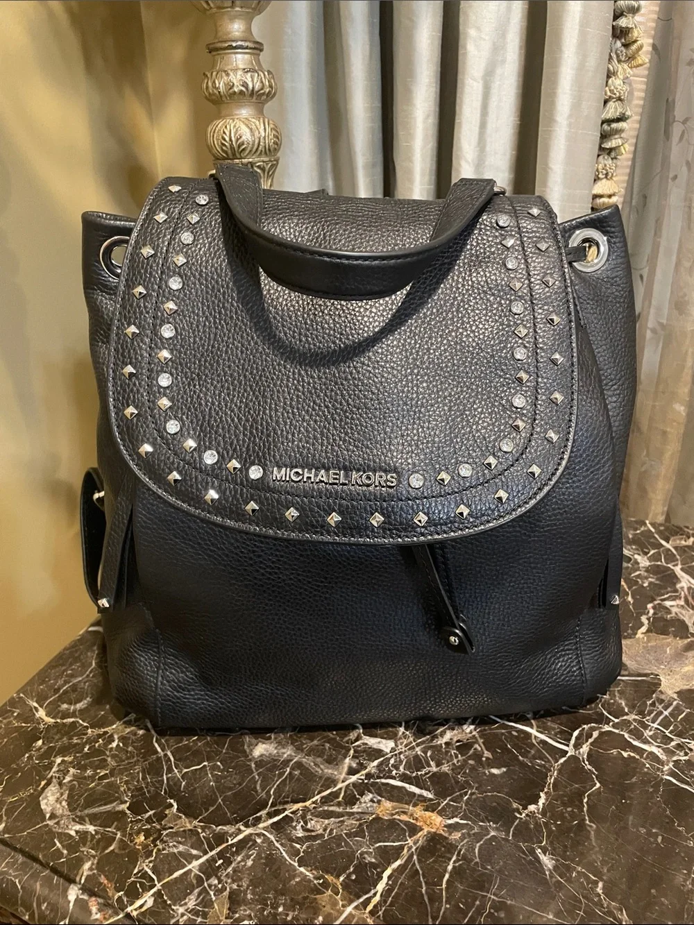 Michael Kors Black Pebble Leather Studded Backpack